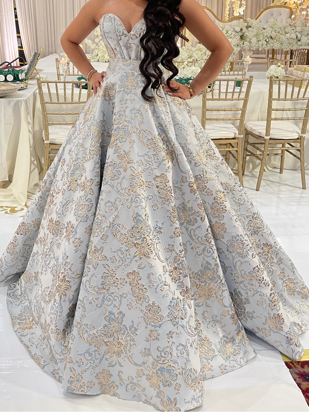 Strapless Ball Gown Wedding Dress in Light Blue with Gold Embroidery